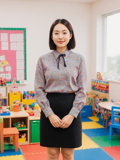 화사한 유치원 교사 복장을 한 아시아계 여성의 반신 사진으로, 장난감과 어린이 가구로 가득한 놀이 공간에서 아이들을 기다리며 차분하고 접근하기 쉬운 태도를 보여줍니다.