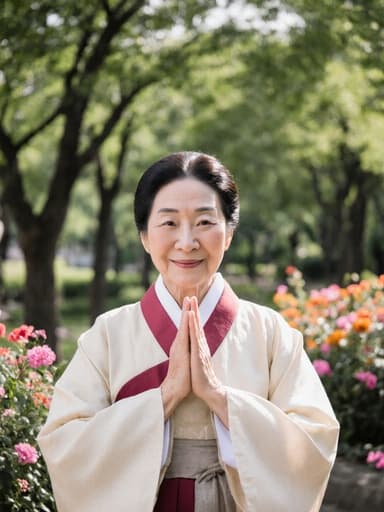 70대 동양인 여성이 전통 한복을 입고 있는 평온한 반신 사진. 그녀는 부드러운 미소를 지으며 손을 모아 인사하는 자세를 취하고 있으며, 푸르른 나무와 화려한 꽃들이 있는 조용한 공원 배경 속에 있다.