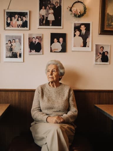 따뜻한 카페에서 가족 사진을 바라보며 크로스 레그로 앉아 있는 80대 라틴계 여성의 반신 사진. 편안한 니트 스웨터와 슬랙스를 착용하며, 편안한 표정으로 따뜻하지만 약간 지루한 감정을 드러내고 있는 모습입니다.