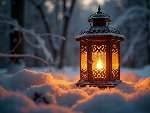 눈 덮인 겨울 숲에 있는 램프, 아늑하고 따뜻한 빛이 감도는 복잡한 디자인으로, 부드러운 눈이 내리는 자연 조명 속에서 고요한 분위기를 연출합니다.