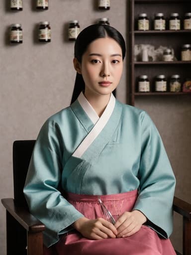 전통적인 한복을 입은 10대 후반의 유럽계 여성이 한의원에서 앉아 있는 반신 사진입니다. 그녀는 침 치료 도구를 우아하게 들고 차분한 표정을 짓고 있으며, 배경에는 한약재와 침구가 정돈되어 있어 진정한 평화로운 분위기를 자아냅니다.
