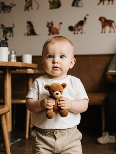 편안한 티셔츠와 반바지를 입은 1세 백인 남자 아기가 반신샷으로 포착되어 있으며, 작은 동물 인형을 들고 배고픈 표정을 지으며 아기자기한 카페에서 기다리고 있는 모습입니다. 카페는 밝은 장식으로 가득 차 있으며 가족 친화적인 분위기를 자아냅니다.