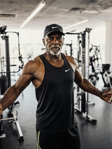 60대 건강하고 활기찬 아프리카계 남성이 체육관에서 자신감 넘치는 자세로 서 있는 전신 사진입니다. 그는 세련된 스포츠 트레이닝복과 운동화, 모자를 착용하고 있으며, 강렬한 눈빛과 자신감 넘치는 표정으로 약간 팔을 벌린 자세를 취하고 있습니다. 다양한 운동 기구가 배치된 체육관의 배경이 에너제틱한 분위기를 만들어냅니다.