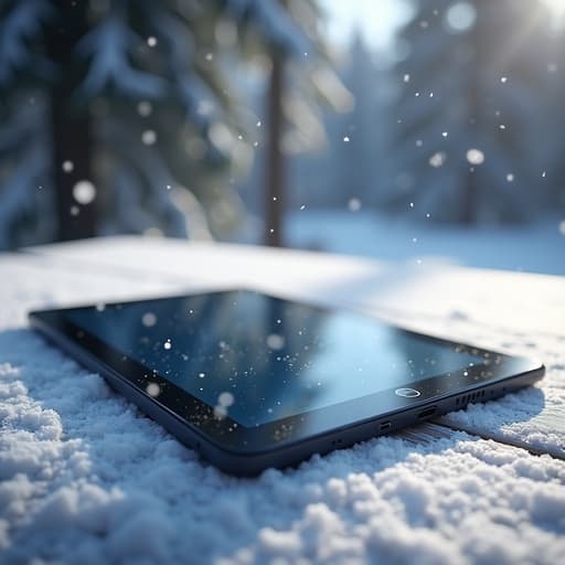 눈에 덮인 나무 테이블 위의 태블릿과 배경에 부드럽게 내리는 눈송이, 고요하고 겨울 같은 차분함