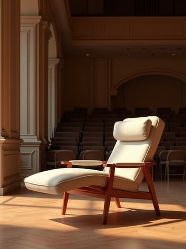 클래식 오케스트라 홀 내부에 놓인 라운지 체어와 따뜻한 분위기.
