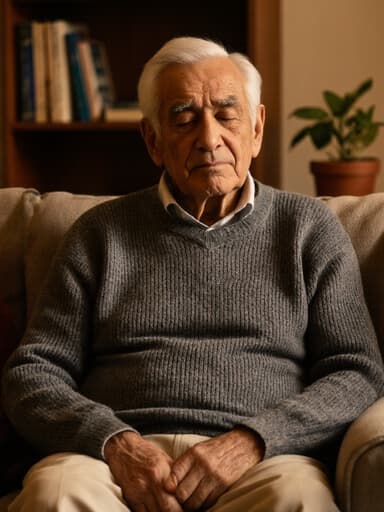 70대 중동계 남성이 주름진 얼굴과 흰 머리카락을 지닌 채 편안한 회색 니트와 베이지색 바지를 입고 소파에 앉아 손을 무릎 위에 올려놓고 눈을 감고 깊은 생각에 잠겨 있는 모습의 반신 촬영. 따뜻한 조명이 비추는 거실 배경에는 책장과 작은 화분이 있어 평화로운 분위기를 더하고 있습니다.