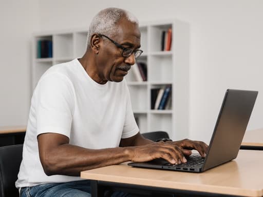 50대 아프리카계 남성이 편안한 티셔츠와 청바지를 입고 현대적인 강의실 책상에 앉아 노트북 키보드를 가볍게 두드리며 차분한 표정을 짓고 있는 반신 샷. 배경에는 흰색 벽과 책장이 있어 교육적인 분위기를 연출합니다.