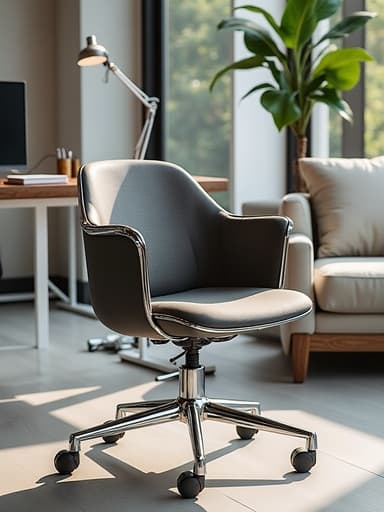 현대적인 사무실에 있는 인테리어용 의자가 자연광 속에서 전문적이고 아늑한 분위기를 자아냅니다.