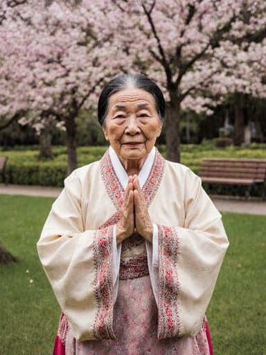 전통 한복을 입고 불편한 표정을 짓고 손을 가슴 높이로 모아 인사하는 80대 동양인 여성의 반신 사진. 꽃이 만발한 정원과 공원 벤치가 있는 배경.