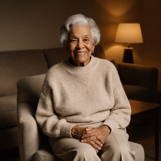 아늑한 거실에서 편안한 니트 스웨터와 여유로운 바지를 입고 있는 80대 혼혈 여성의 반신 사진, 지혜로운 미소와 평온한 표정으로 무릎 위에 손을 올리고 앉아 있습니다.