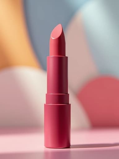 현대 미술 배경에 있는 립스틱 클로즈업, 추상적인 형태와 부드러운 파스텔 톤으로 예술적이고 현대적인 분위기를 연출합니다.