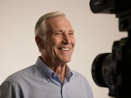 60대 유럽계 남성이 편안한 셔츠와 바지를 입고 밝게 웃으며 사진 촬영 장비를 바라보고 있는 반신 사진. 전문 스튜디오의 부드러운 조명과 중립적인 색상이 어우러져 있습니다.