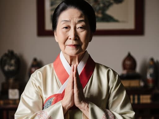 70대의 동양인 여성이 전통적인 한복을 입고, 편안한 표정으로 요가 자세를 취하고 있는 모습이 아늑한 거실에서 전통적인 소품들로 둘러싸여 평화롭고 고요한 분위기를 자아냅니다.