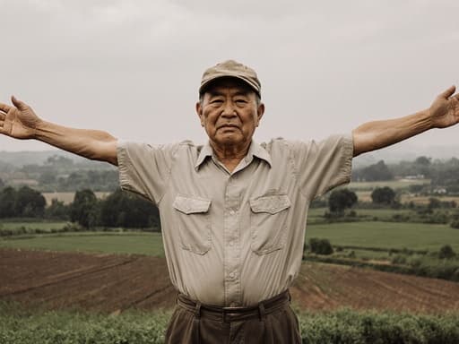 50대의 자연스러운 외모를 가진 아시아 남성이 농부 복장으로 스트레칭하며 스트레스를 받은 표정을 짓고 있는 모습의 반신 샷. 배경은 농촌 풍경으로, 밭과 녹음이 가득한 아름다운 모습입니다.