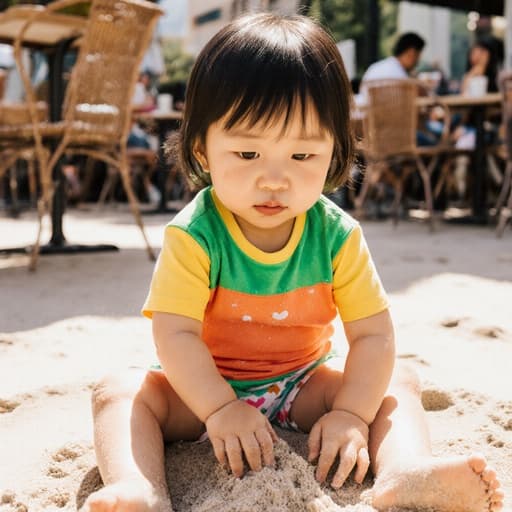 햇살이 잘 드는 카페의 야외 테라스에서 모래 위에 앉아 있는 귀여운 3세의 동양인 여성의 반신 사진. 밝은 색상의 티셔츠와 반바지를 입고 있으며, 손으로 모래를 만지작거리며 호기심 가득한 표정과 약간 배고픈 표정을 짓고 있습니다. 이 장면은 그녀의 즐거운 탐험을 생동감 넘치는 환경에서 포착합니다.