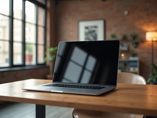 로프트 스타일 아파트의 노트북. 노출된 벽돌 벽과 큰 창문으로 밝고 현대적인 분위기.