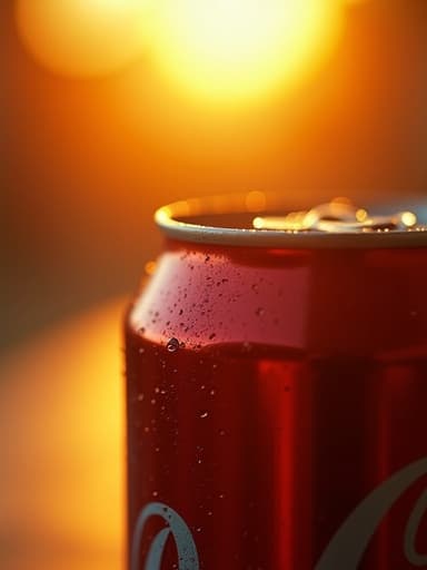 따뜻한 황금빛 노을에서 부드럽게 초점이 흐려진 배경 속의 음료 캔 클로즈업으로, 고요하고 매력적인 분위기를 전달합니다.