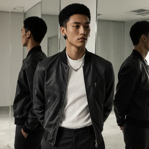 20대 혼혈 남성 모델이 현대적인 미러룸에서 세련된 의상을 선보이며 자신감 넘치는 모습과 편안한 포즈, 화려한 조명으로 우아함을 발산하고 있습니다.