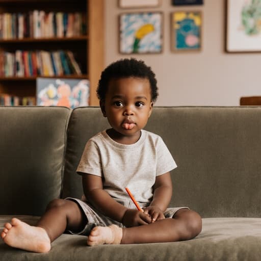 1세 아프리카계 남성 아기가 편안한 카페 소파에 앉아 있는 매력적인 반신 샷입니다. 그는 편안한 티셔츠와 반바지를 입고 있으며, 배고픈 표정으로 입술을 오므리면서 크레용으로 그림을 그리고 있습니다. 카페의 아늑한 내부는 벽에 다양한 그림과 책장이 배치되어 있어 따뜻하고 창의적인 분위기를 자아냅니다.