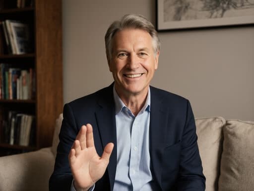 50대의 친근한 백인 남성을 반신 상으로 촬영한 이미지입니다. 그는 자연스러운 외모를 가지고 있으며, 편안한 셔츠와 블레이저를 착용하고 있습니다. 자연스러운 미소를 지으며 한쪽 손을 들어 인사하는 자세를 취하고 있으며, 아늑한 거실 배경에는 소파와 책장이 있어 상담 분위기를 자아냅니다.