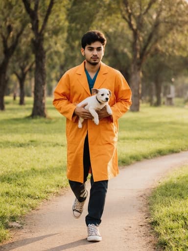 밝은 의사 가운과 운동화를 착용한 중동계 10대 후반의 남성이 평화로운 공원에서 한 손에 작은 강아지를 안고 달리고 있습니다. 푸른 잔디와 나무들이 둘러싸인 환경이 조화롭게 어우러져 그의 부드러운 성격과 집중력을 강조합니다.