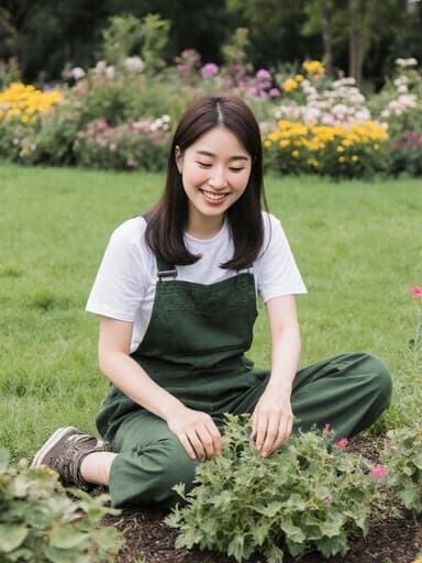 20대 한국인 여성의 반신 사진으로, 다채로운 꽃들로 둘러싸인 푸른 잔디 위에 앉아 있습니다. 편안한 작업복과 운동화를 착용하고 있으며, 식물과 상호작용하며 밝은 미소를 지으며 정원의 즐거움을 표현하고 있는 모습입니다.