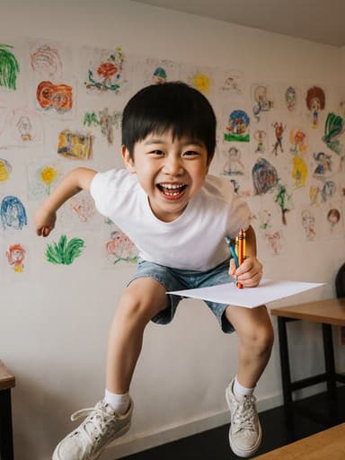 아늑한 카페에서 종이와 크레파스를 들고 즐겁게 점프하는 7세의 동양인 남성의 생동감 넘치는 전신 사진. 벽에는 아이들의 그림이 걸려 있어 창의성과 행복의 분위기를 자아냅니다.