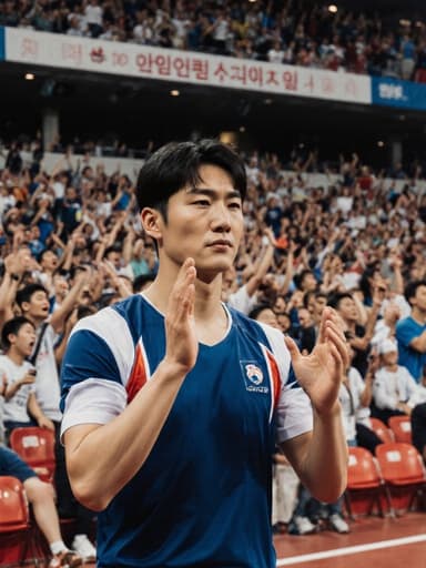 30대 한국인 남성이 자연스러운 외모를 지닌 채 스포츠 유니폼과 운동화를 착용하고, 걱정스러운 표정으로 긴장한 모습으로 경기장에 서서 관객에게 친근하게 손을 흔들며 인사하고 있습니다. 배경은 열정적인 관중들로 가득한 활기찬 경기장으로, 이벤트의 흥분을 더욱 강조하는 에너제틱한 분위기를 만들어냅니다.