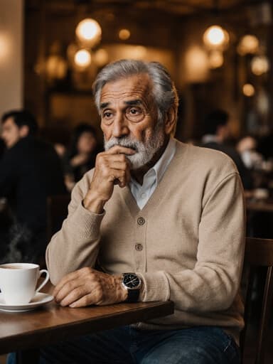 70대의 중동계 남성이 카페 테이블에 앉아 커피잔을 바라보며 깊은 생각에 잠긴 모습의 반신 사진. 그는 주름이 많은 얼굴과 희끗희끗한 머리를 가지고 있으며, 편안한 카디건과 청바지를 착용하고 있습니다. 그의 표정에서는 약간의 슬픔이 묻어나며, 부드러운 조명과 주변의 다른 손님들이 아늑한 카페의 고독한 분위기를 더하고 있습니다.