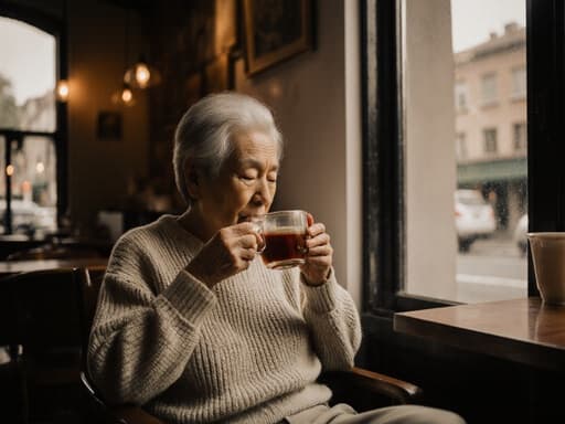 80대 동양인 여성이 편안한 니트 스웨터와 바지를 입고 아늑한 카페의 창가에 편안하게 앉아 있는 반신 샷. 그녀는 피곤하지만 편안한 표정을 지으며 차를 부드럽게 들고 명상에 잠겨 있습니다. 카페의 따뜻한 조명이 장면을 비추어, 그녀의 평온함을 강조하는 초대하는 분위기를 만들어냅니다.