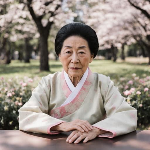 70대 혼혈 여성이 전통적인 한국 한복을 입고 테이블에 앉아 소매를 가볍게 잡고 외로운 표정을 짓고 있는 반신 촬영 사진입니다. 배경에는 나무와 꽃이 어우러진 조용한 공원이 펼쳐져 있어 차분하고 반성적인 분위기를 자아냅니다.