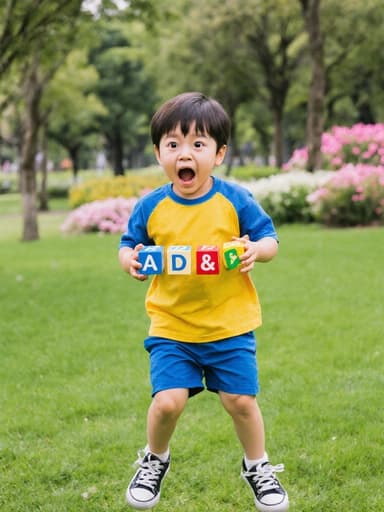 7세 한국인 남성이 귀엽고 순수한 외모로 밝은 색상의 티셔츠와 반바지를 입고 있는 전체 신체 사진입니다. 그는 무서워하는 표정으로 눈을 크게 뜨고 입을 벌리며, 알파벳 블록을 들고 점프하고 있는 모습이 생동감 넘치는 공원에서 촬영되었습니다. 푸른 잔디와 나무, 꽃들이 있는 배경은 어린 시절의 경이로움과 흥분을 잘 표현하고 있습니다.