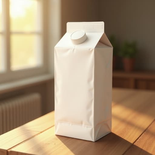 나무 테이블 위에 우유 팩이 놓여 있고, 따뜻한 오후 햇살이 비추어 부드러운 그림자와 공기 중의 먼지를 만들어냅니다.