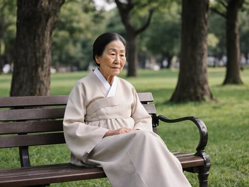 80대 아시아계 여성의 반신 사진으로, 전통 한복을 입고 공원 벤치에 앉아 다리를 뻗고 피곤한 표정을 지으며 전통 예절에 대해 생각하는 모습을 담고 있습니다. 조용한 공원 배경에서 나무와 잔디가 어우러져 평화로운 분위기를 자아냅니다.