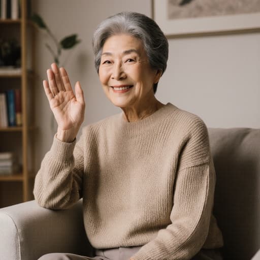 60대 한국인 여성의 평화로운 반신 초상으로, 편안한 니트 스웨터와 팬츠를 입고 있습니다. 그녀는 한 손으로 인사하며 따뜻한 미소를 지으며, 다른 손은 자연스럽게 옆에 두고 있습니다. 배경의 아늑한 거실과 책장은 장면에 영감과 따뜻함을 더합니다.