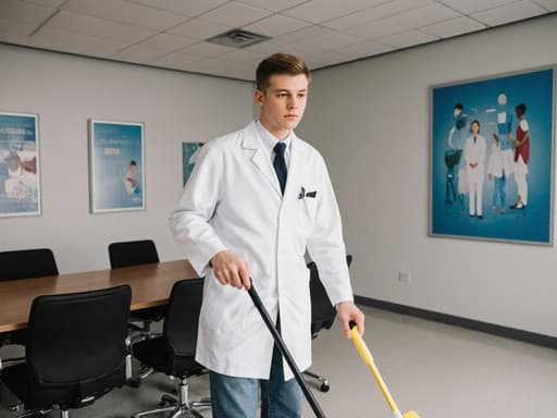 현대적인 병원 회의실에서 청소 도구를 들고 바닥을 열심히 청소하는 헌신적인 젊은 남성 병원 직원이 흰색 가운과 청바지를 입고 있으며, 의료 포스터들로 둘러싸여 전문성과 위생에 대한 헌신을 전달하고 있습니다.