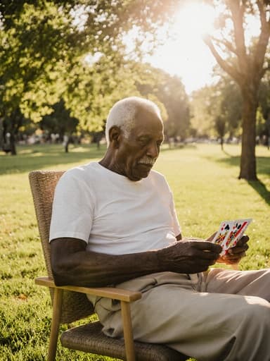 피곤한 표정의 70대 흑인 남성이 편안한 티셔츠와 바지를 입고 공원 벤치에 앉아 카드 게임을 하고 있는 반신 사진. 햇살이 비치는 나무와 잔디가 있는 공원 풍경 속에서 여유로운 순간을 반영합니다.