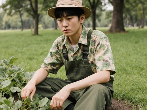 10대 초반의 동양인 남성이 친환경 농업 작업복을 입고 한적한 공원의 잔디 위에 앉아 농작물을 살피고 있는 모습입니다. 걱정 가득한 표정이 농업의 지속 가능성 주제를 잘 드러내고 있습니다.