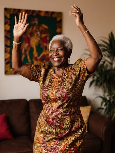 70대의 흑인 여성이 화려한 전통 아프리카 드레스를 입고, 따뜻한 미소로 감사의 마음을 표현하며 아늑한 거실에서 춤추고 있는 모습. 거실은 전통 아프리카 예술품과 식물로 꾸며져 있어 초대하는 분위기를 자아냅니다.