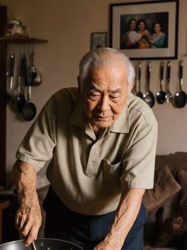 편안한 홈웨어를 입고 있는 80대 아시아계 남성이 가족과 함께 요리하는 중 스트레칭을 하고 있는 모습의 반신샷입니다. 그는 자연스러운 외모를 지니고 있으며 약간 불편한 표정을 짓고 있습니다. 배경은 따뜻한 분위기의 거실로, 가족 사진과 요리 도구들이 배치되어 있어 아늑한 분위기를 만들어냅니다.