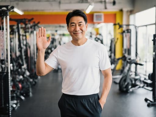 이미지는 40대의 동양인 남성이 반신 샷으로 촬영된 모습입니다. 그는 운동복을 착용하고 있으며, 평온하고 자신감 있는 표정으로 손을 흔들고 있습니다. 훈련 장비가 가득한 활기찬 스포츠 시설을 배경으로 하여 피트니스 주제를 강조하고 있습니다.