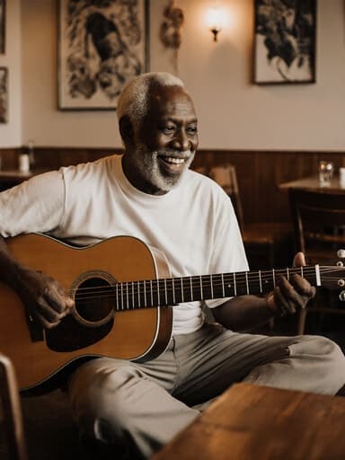 아늑한 카페 바닥에 앉아 기타를 연주하고 있는 80대 아프리카계 남성의 반신 사진. 편안한 티셔츠와 바지를 착용하고 따뜻한 미소를 지으며, 테이블과 벽에 아트워크가 있는 아늑한 카페 분위기 속에 있습니다.