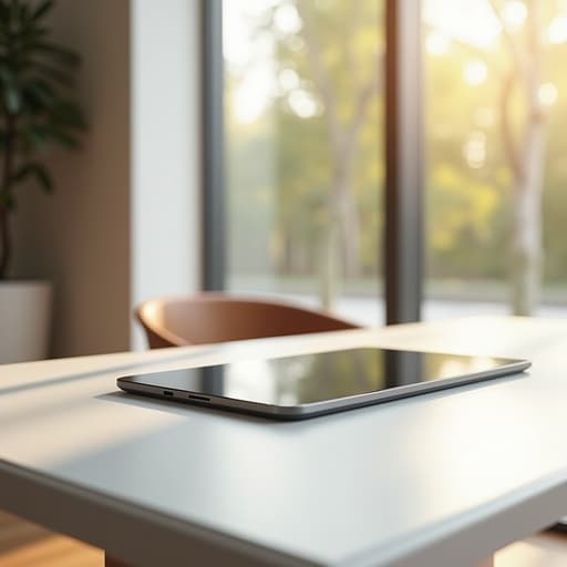 세련된 흰색 테이블 위의 초슬림 태블릿, 미니멀리스트 공간, 차분하고 현대적.