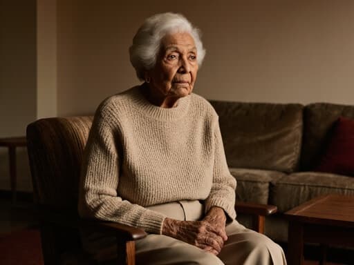 80대 혼혈 여성의 반신 사진으로, 자연스러운 외모를 지닌 그녀가 아늑한 거실에 편안하게 앉아 있습니다. 그녀는 편안한 니트 스웨터와 세련된 슬랙스를 입고 있으며, 무릎에 손을 올리고 생각에 잠긴 슬픈 표정을 짓고 있습니다. 배경은 소파와 커피 테이블이 있는 따뜻한 공간으로, 고요한 분위기를 만들어냅니다.