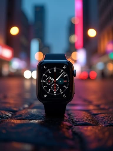 스마트워치가 화려한 불빛과 흐릿한 건물 배경 속 밤의 도시 풍경에 배치되어 있습니다, 따뜻한 톤, 부드러운 보케 효과.