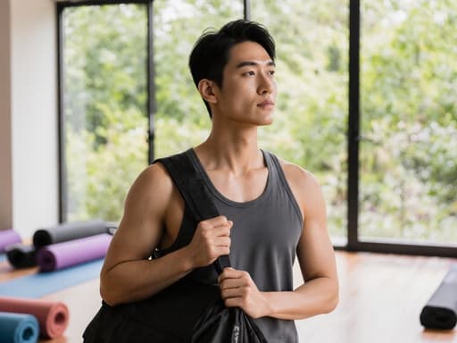 30대 건강한 외모의 아시아계 남성이 편안한 요가 복과 운동화를 착용하고 있는 반신 촬영입니다. 그는 깊은 생각에 잠긴 고민하는 표정을 짓고 있으며, 한쪽 어깨에 요가 가방을 메고 다른 손으로 가방의 끈을 잡고 있습니다. 배경은 부드럽게 조명된 요가 스튜디오로, 다양한 요가 매트와 식물이 배치되어 있어 그의 자세와 감정을 잘 보완하는 평화로운 분위기를 연출합니다.
