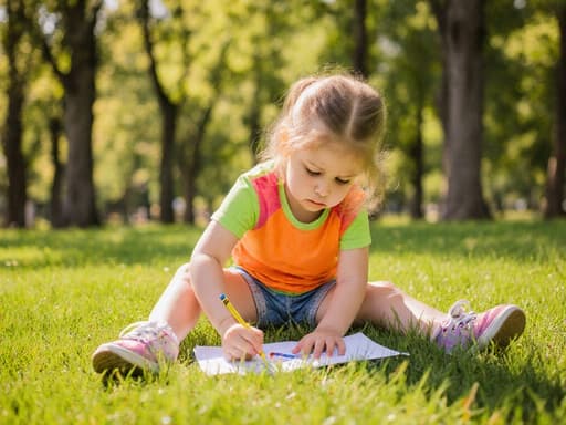 귀여운 외모의 3세 유럽계 여아가 공원 잔디 위에 앉아 크레용으로 그림을 그리려 하며 짜증난 표정을 짓고 있는 반신 사진. 그녀는 화려한 색상의 티셔츠와 반바지, 편안한 운동화를 착용하고 있으며, 풍부한 나무와 푸른 잔디가 어우러져 장난스럽고 약간은 짜증나는 분위기를 포착하고 있습니다.