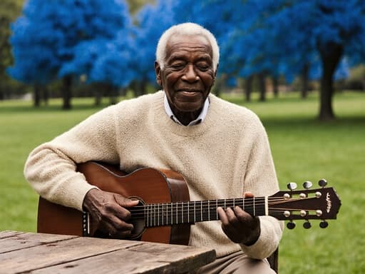 평온한 공원 환경에서 테이블에 앉아 기타를 연주하는 80대 아프리카계 남성이 편안한 니트 스웨터와 바지를 입고 있는 반신 촬영입니다. 푸른 나무와 잔디가 어우러진 평화로운 모습입니다.