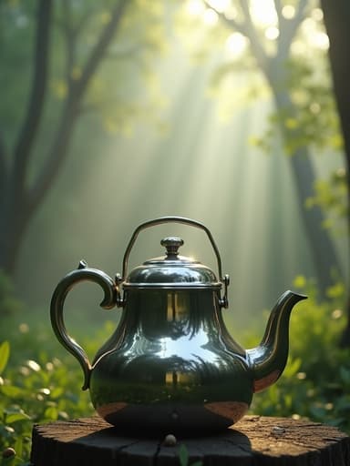 주전자, 아침 안개가 낀 숲, 고요하고 평화로운 분위기