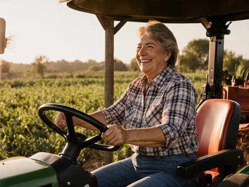편안한 청바지와 체크무늬 셔츠를 입고 농기계를 능숙하게 다루며 미소짓고 있는 50대 라틴계 여성의 반신 사진. 배경은 밝은 실내 환경으로, 아름다운 농장 풍경이 보입니다. 모델과 농업 주제 간의 연결을 강조하며, 따뜻한 조명이 그녀의 표정과 의상의 디테일을 부각시켜 생동감 넘치고 매력적인 분위기를 만들어냅니다.